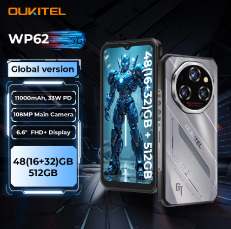 Oukitel WP62 5G 三防智能手机，48GB(16+32)+512GB，6.6英寸FHD+ 108MP摄像头，11000mAh电池，33W快充，Android 15系统