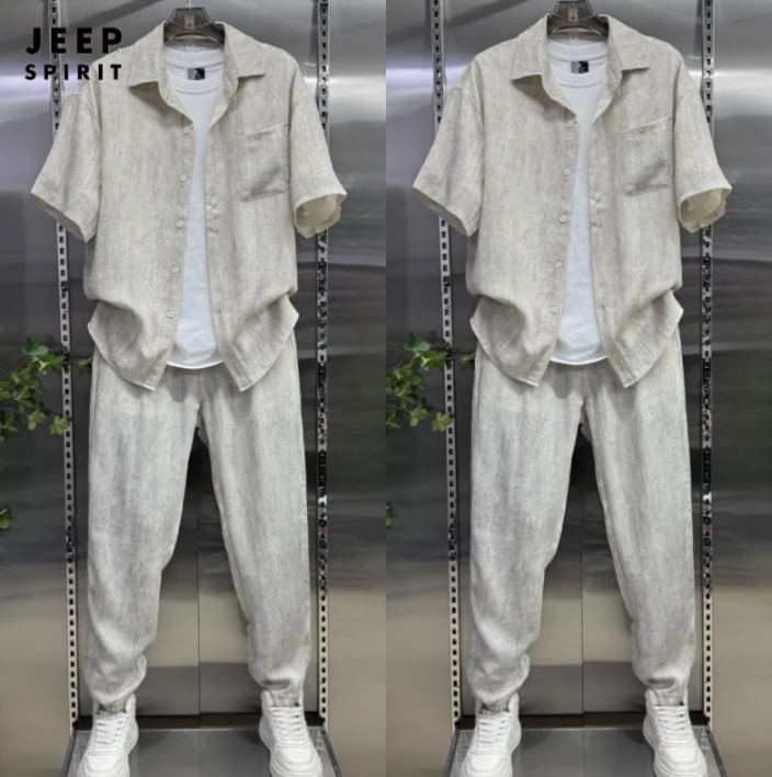 JEEP SPIRIT夏季舒适男士休闲两件套衬衫短袖长裤扎染运动套装亚麻高品质男装 米色 2XL 150-165斤