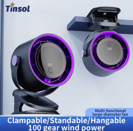 TINSOL 便携式夹式风扇，静音桌面风扇，家用宿舍适用，推车式设计，可充电，USB接口，风力强劲，带空调功能