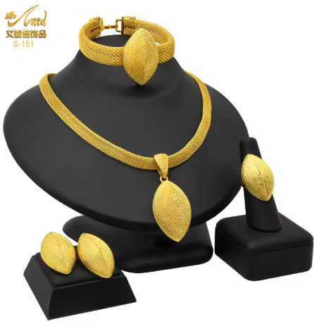 几何3D项链耳环戒指手链新娘四件套，24K金AU999 - 光泽饱满，3D切割锋利，经久耐用