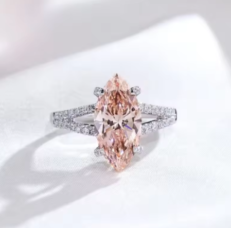 Messi Jewelry 2克拉奢华戒指，马眼形切割，18K白金，艳彩粉色实验室培育钻石戒指 MSR-1865